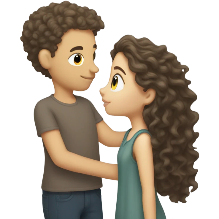 brunette shorter white girl kissing white curly hair taller boy emoji