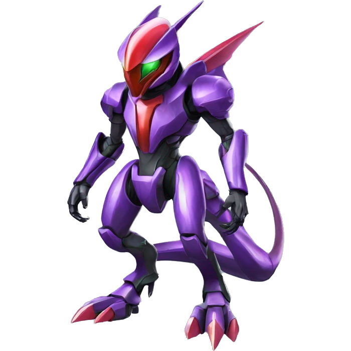 a shiny purple-green-red Genesect-Raptor-Fakémon—hybrid with a futuristic visor-helmet full body emoji