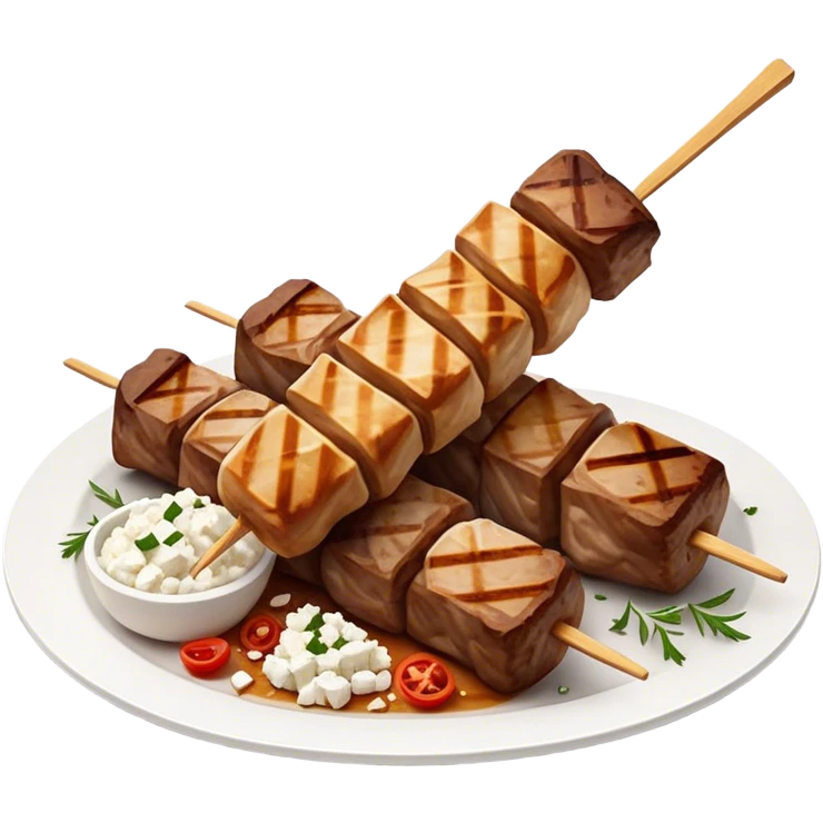 Souvlaki Cinematic Realistic Souvlaki Dish Emoji, depicted as skewered, grilled meat served with a side of crumbled feta cheese, rendered with rich textures and dynamic, appetizing lighting. emoji