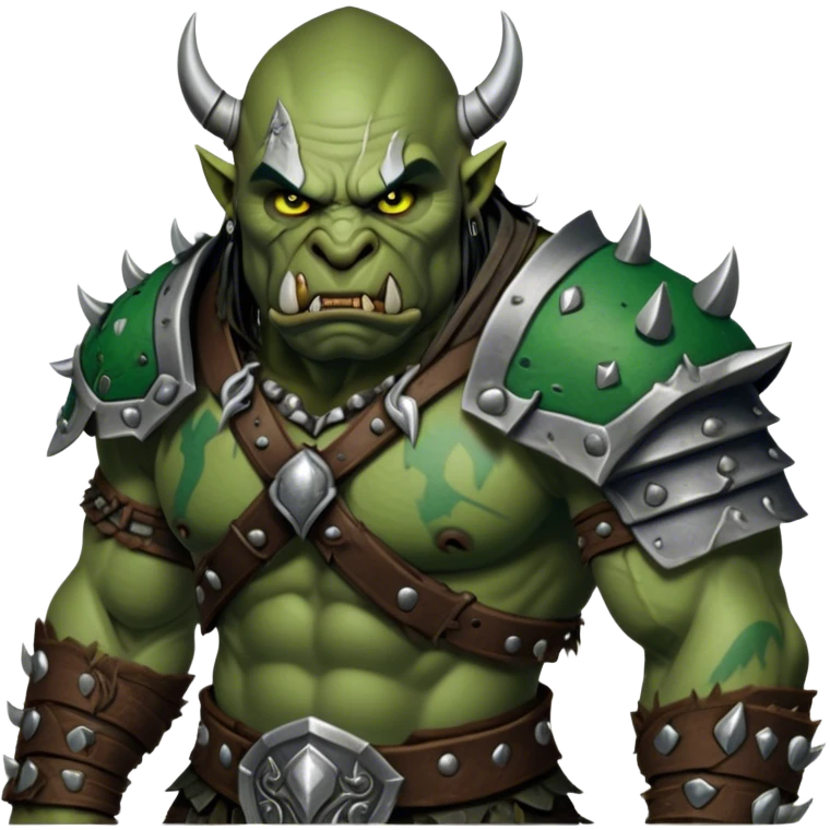 Cinematic Realistic WoW Orc Warrior Portrait, depicted with battle-scarred, rugged green skin and a powerful, muscular build that radiates primal strength. Clad in intricately detailed tribal armor accented with dark leather and iron embellishments in deep, earthy tones, his fierce eyes and determined expression exude honorable might. Rendered with lifelike texture and dramatic natural lighting, high shine, noble and formidable, capturing the essence of a legendary orc champion. emoji