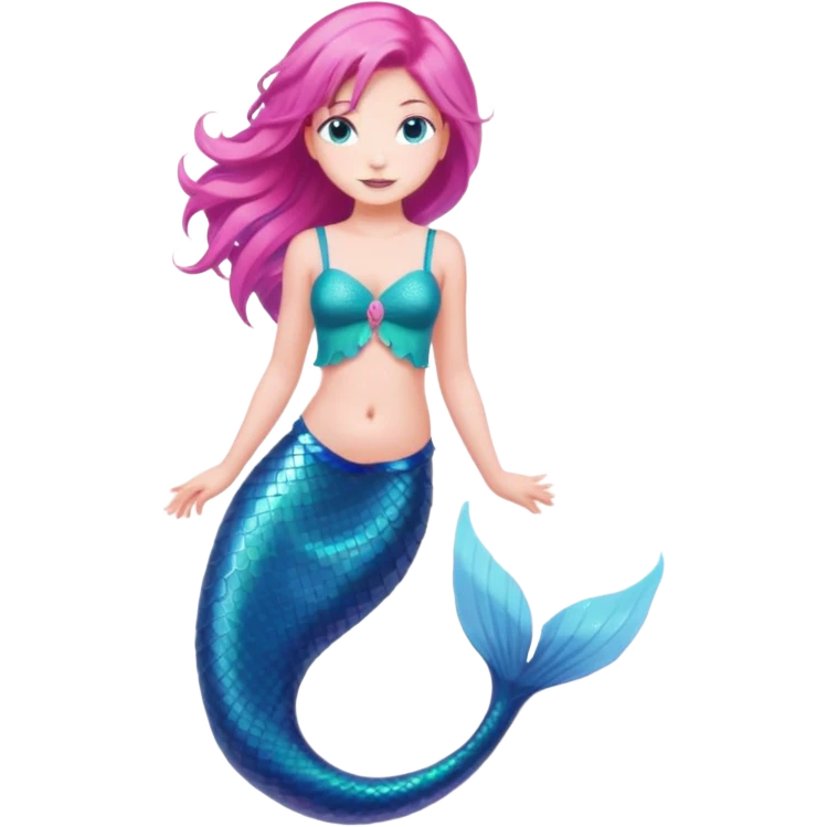 full length mermaid with pink hair, blue eyes, turquoise green tail emoji