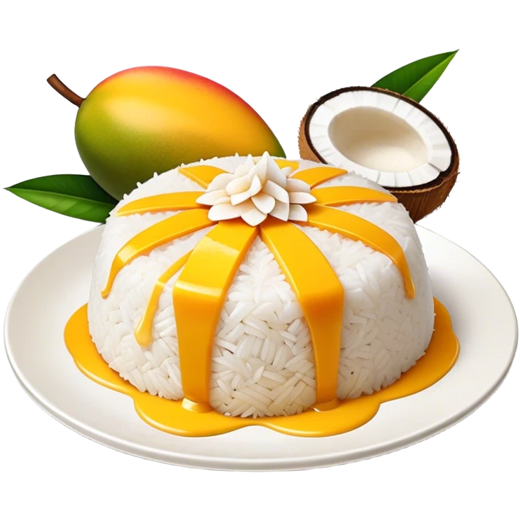 Mango Sticky Rice Cinematic Realistic Mango Sticky Rice Dessert Emoji, depicted as sticky rice drizzled with coconut milk topped with a layer of coconut cream, accompanied by sliced mango on the side of the plate, rendered with vivid textures and warm, tropical lighting. emoji