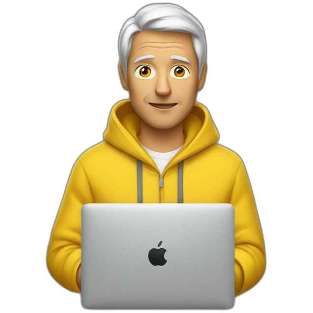 A mature boy with Macbook wearing yellow hoodie emoji