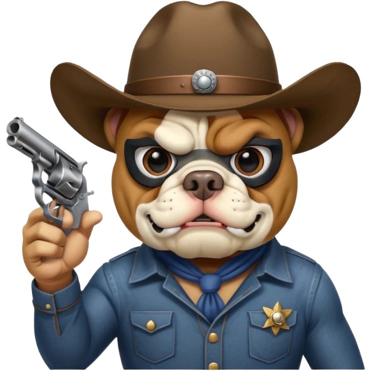 A bulldog wearing a cowboy hat, wearing a mask, pointing a revolver at you and telling you to hand over your money. emoji