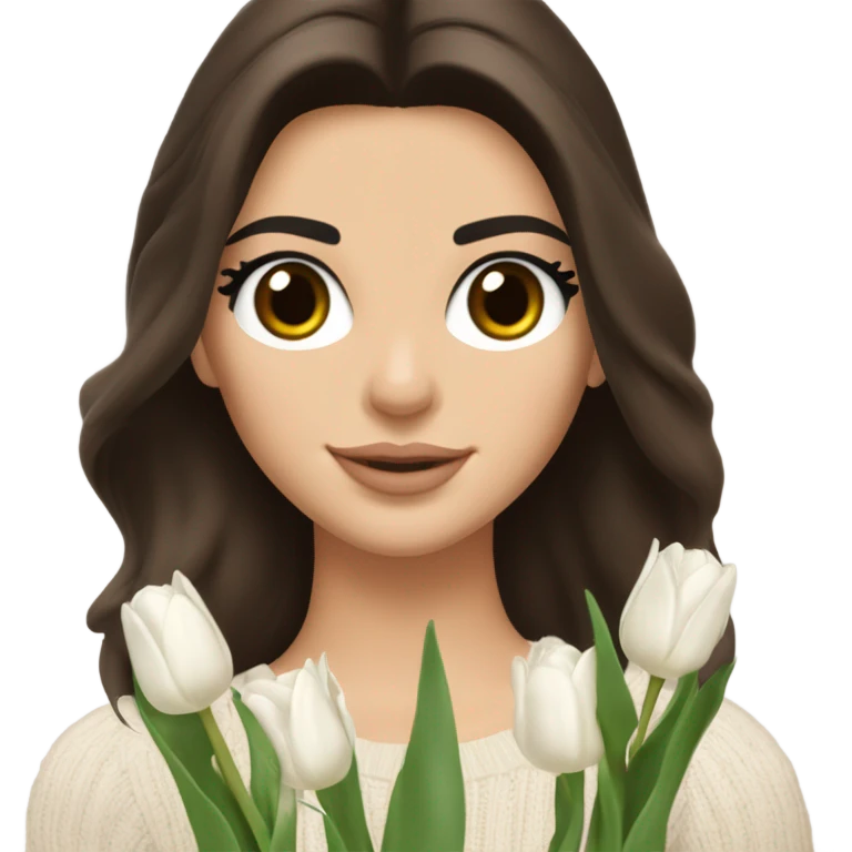 brunette Kendall Jenner with with body soft and long and brown hair her eyes brown and Holding a bouquet of white tulips Her hair is wavy and shiny With brown sweater just one  emoji