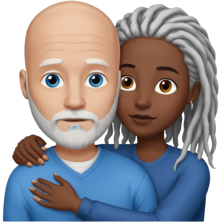 Tall bald white man with a white beard and blue eyes in a lovingly embrace with a black woman with brown eyes and grey hair dreads emoji