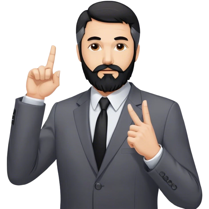 Emoji-style cartoon man, 50s, black beard with gray streaks, wearing a business suit. Raises right index finger upward (↑) to signal 'attention!' Simple design, bold lines, minimal details. Looks Дмитрий Шумейко emoji
