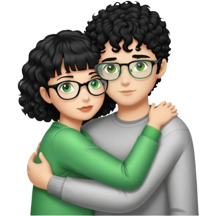 A boy with black curly hair and short hair on the side with green eye and metallic glasses which is hugging a girl with black hair with bang and black eyes  emoji