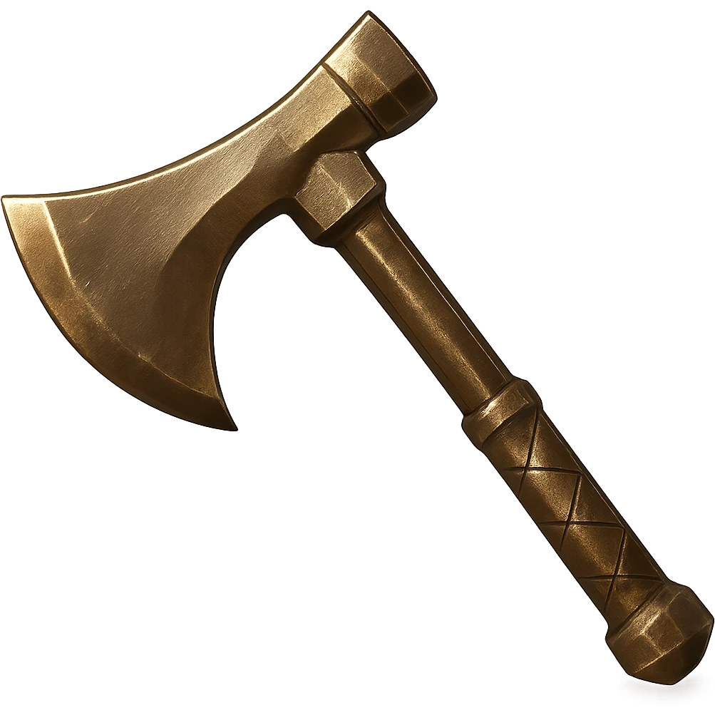 Change the color and texture to realistic bronze metal, making the axe metallic, shiny, and worn. Keep the axe's shape. The style should resemble emoji style with a transparent background. emoji