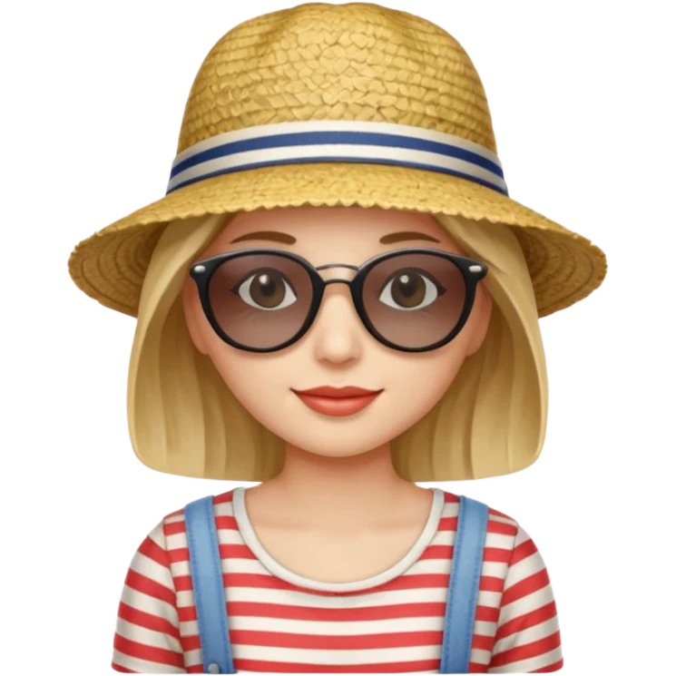 woman with striped clothing sun glasses and straw hat emoji