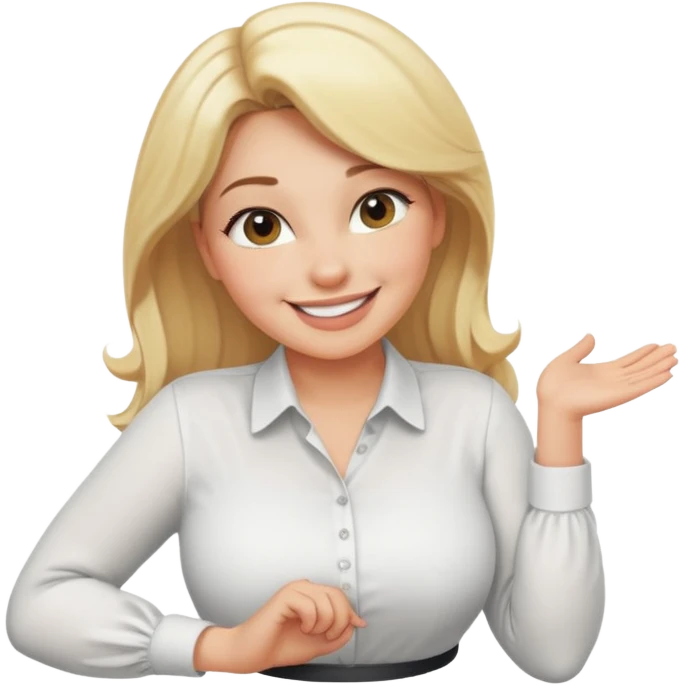 curvy blonde woman, smiling, bending over in a playful pose, safe for work emoji