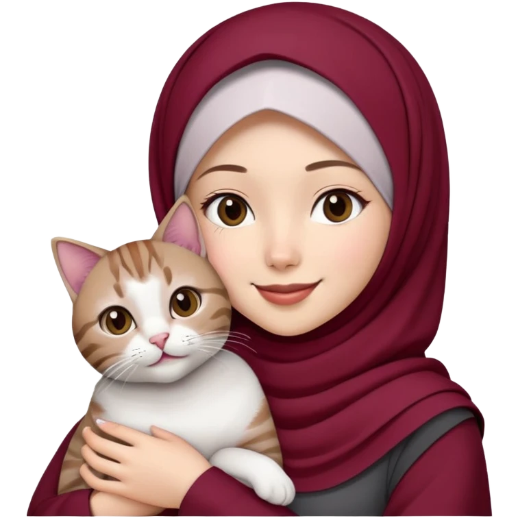 Asian White girl wearing maroon hijab and white dress holding a black grey tabby cat while smiling.  emoji