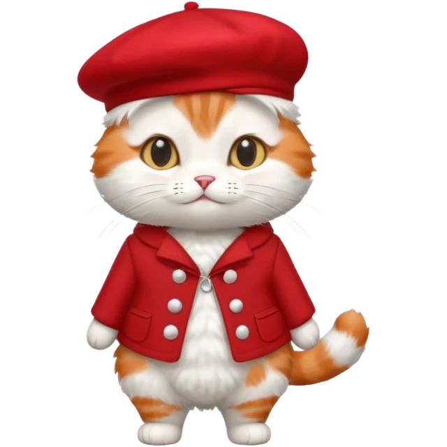 A cute cat emoji, full body, standing in side view, wearing a stylish red beret. emoji