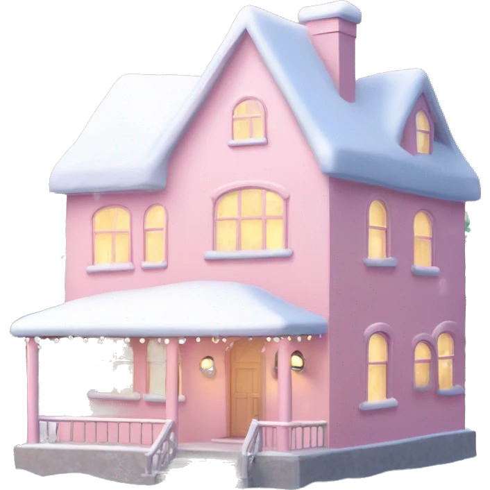 Pastel pink house with snow and Christmas lights and Christmas trees￼ emoji