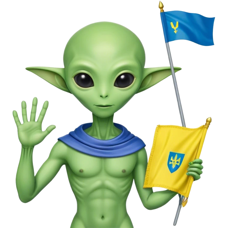Green alien vyshyvanka, with Ukraine flag in a hand emoji