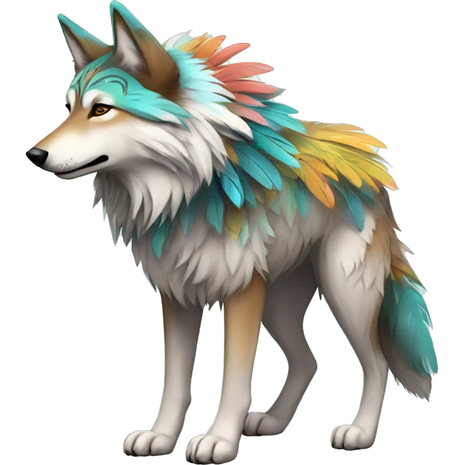 Fluffy Shy Colorful Spiritual Shamanic Wolf With Shiny Tribal Markings wearing feathers Full Body emoji