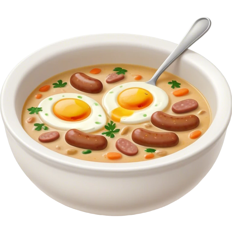 Cinematic Realistic ≈ªurek Soup Dish Emoji, depicted as a tangy, creamy rye soup with sausage and egg rendered with detailed textures and warm, comforting lighting. emoji