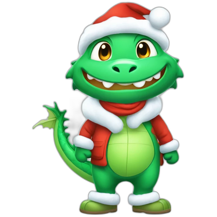 happy little green cartoon dragons of child in winter, in work pants, in work clothes, in winter boots, in a Santa Claus hat, New Year emoji