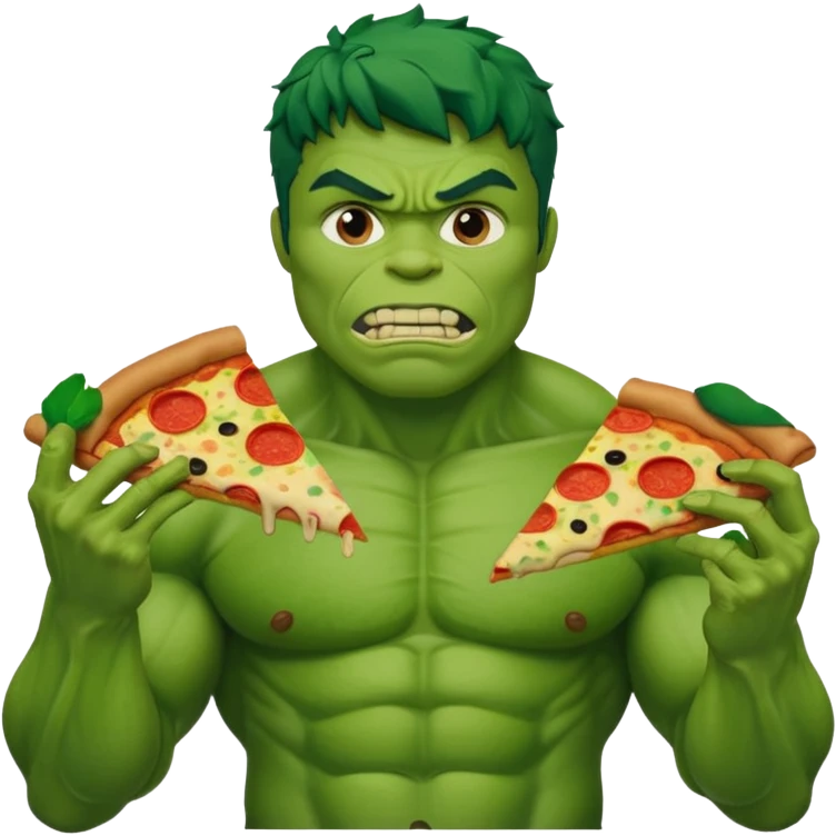Create a man in a hulk costume eating pizza emoji