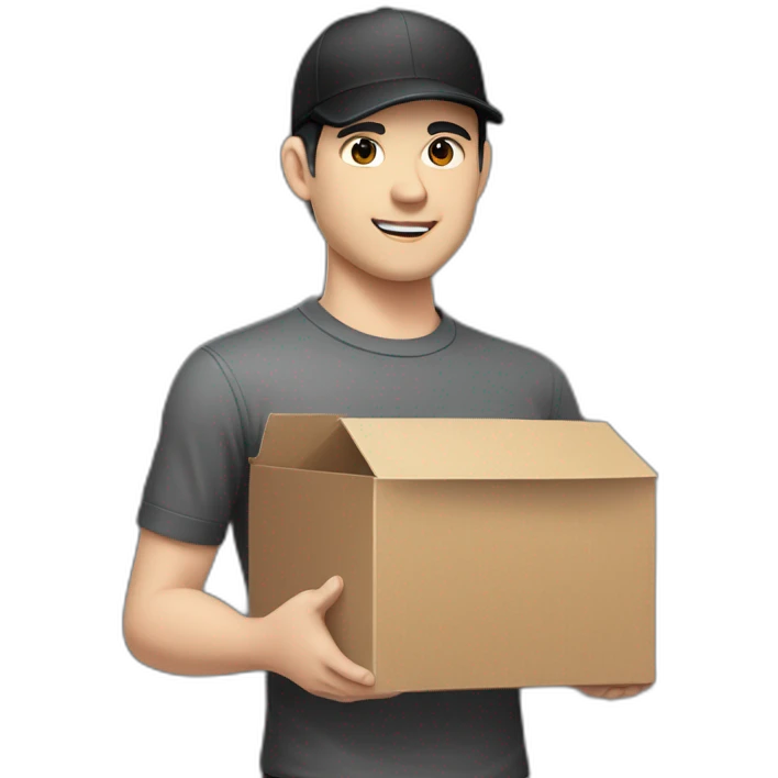 Pale skinned Man with black hair in a black cap and dark gray polo T-shirt keeping a box into his hands emoji