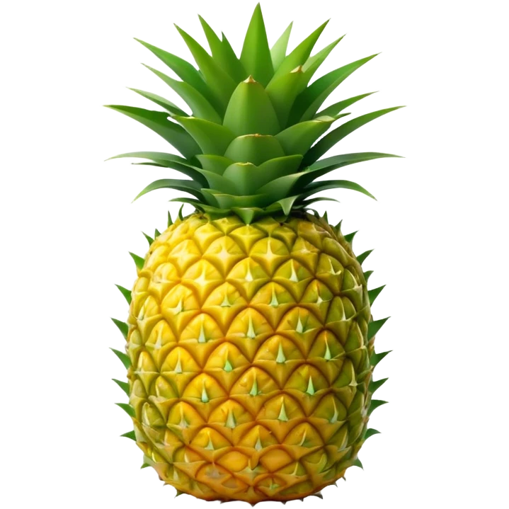 Cinematic Realistic Pineapple Emoji, Tropical and vibrant, with a golden-yellow textured skin and a crown of spiky green leaves on top. The body of the fruit is sharply geometric, its surface rich with natural patterns. Soft glowing outline, capturing the essence of exotic sweetness and tropical flair in a fresh pineapple! emoji