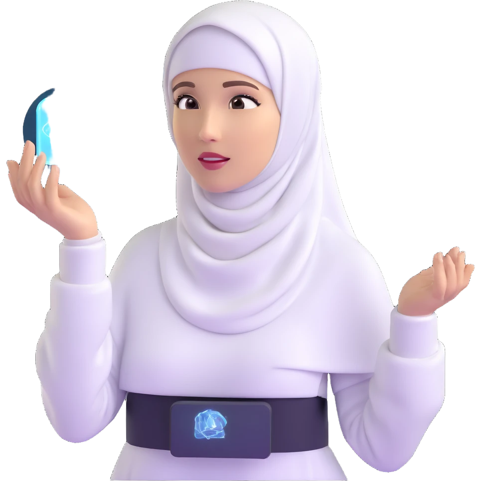 woman with white hijab interacting with holographic metaverse interfaces, augmented reality displays, virtual machine artifacts, digital world emoji