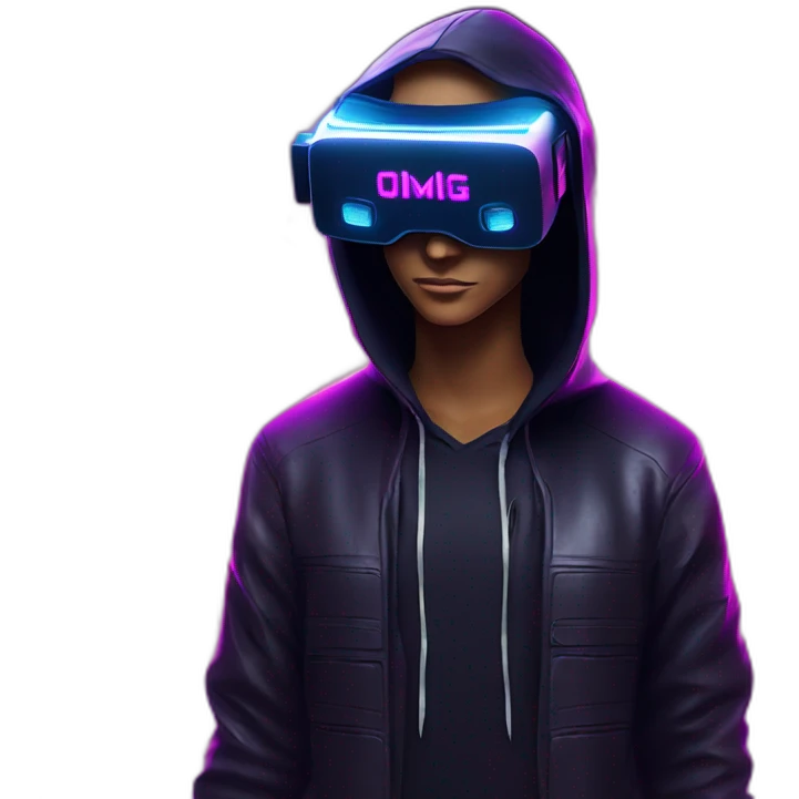 Donald Trump wearing a black hoodie with "OMG" letters on it and VR headset in a cyberpunk VR environment with violet neon lighting. emoji