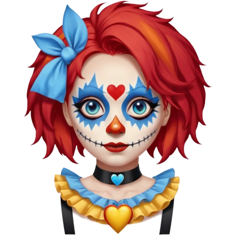 wendy thomas  the clown from gta rp nopixel she has a blue sun covering right eye with three yellow lines below her right eye and above her left eye this is her clown makeup . she has long bright red hair and light blue eyes with ablack heart choker and black bunny ears. with a skeleton shirt emoji