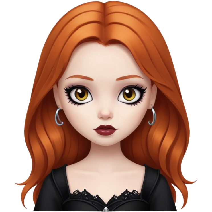 pretty bratz girl, ginger hair, dark brown eyes, black eyeliner, pale skin, gothic style, goth emoji