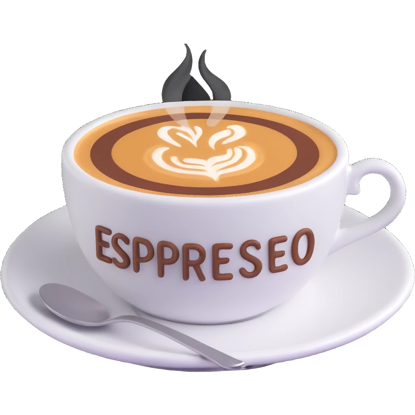 A cup of coffee with the word “Espresso” written on the foam, close-up, warm lighting, simple background emoji