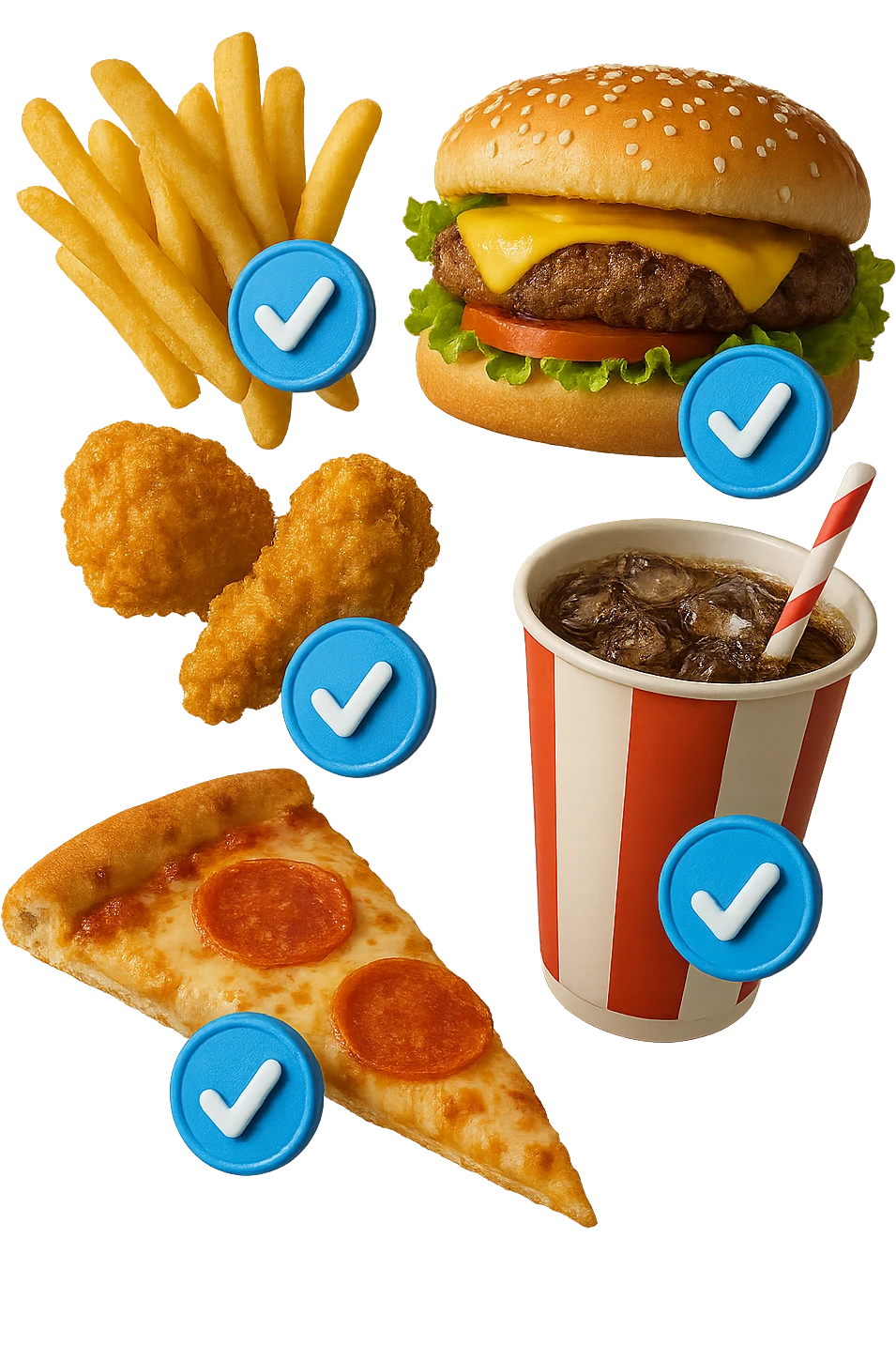 fast food realistico fluttua in aria insieme a spunte di verificato in 3d emoji