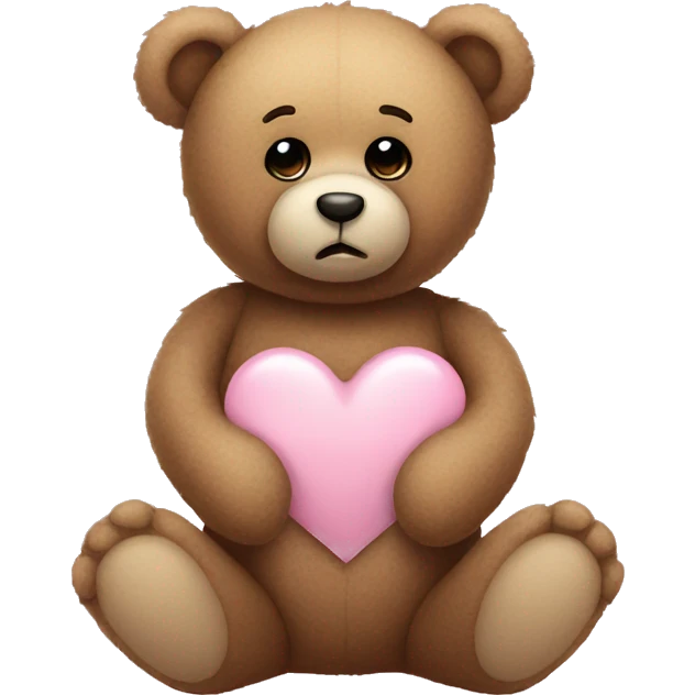 Teddy bear with sad eyes holding a pastel pink heart emoji