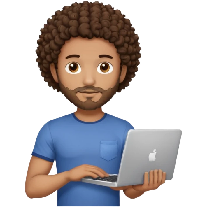 men holding his computer in hands. light brown skin men with curly dark brown hair, brown eyes, little grown beard. ust a tiny bit muscular. dressed casual. round face. emoji
