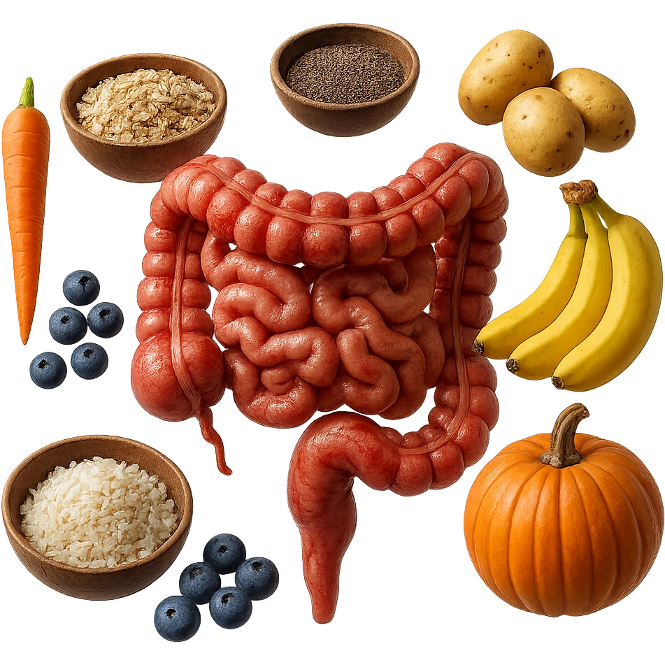 intestino umano anatomico infiammato con carota, bowl di avena, mirtilli, bowl di semi di chia, patate, banane, zucca, bowl di riso che gli fluttuano intorno , iperrealistico 4k emoji