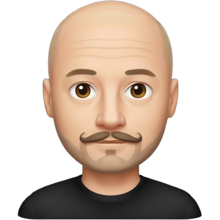 Oliver Riedel, apple style emoji, bald, mustache and goatee, cool, collected vibe, black shirt emoji