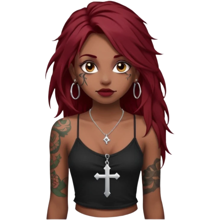 generate an ios genmoji of a dusky girl with long dark red messy hair with eyeliner on her eyes.  septum piercing, wearing a cami black top, has tattoos, on shoulders. ear piercings. wearing a cross silver necklace. carrying a big roll of fabric  emoji