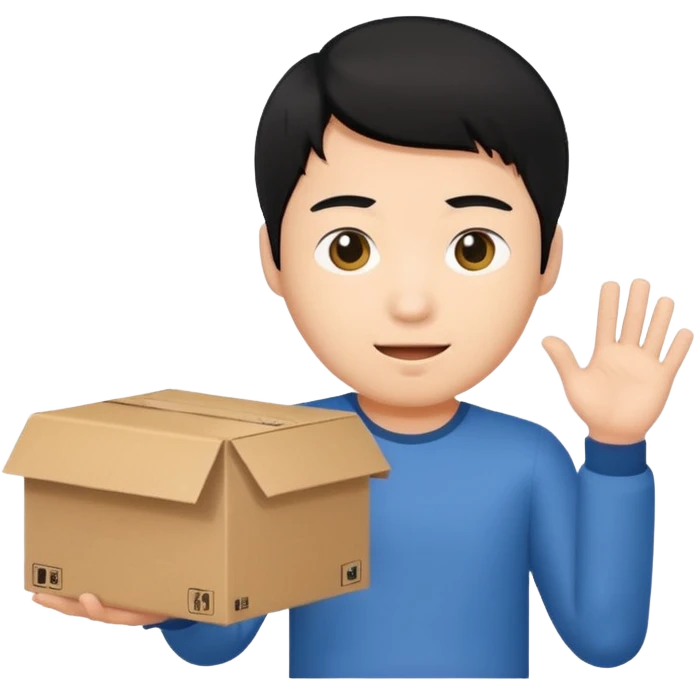 black haired asian man holding cardboard box emoji