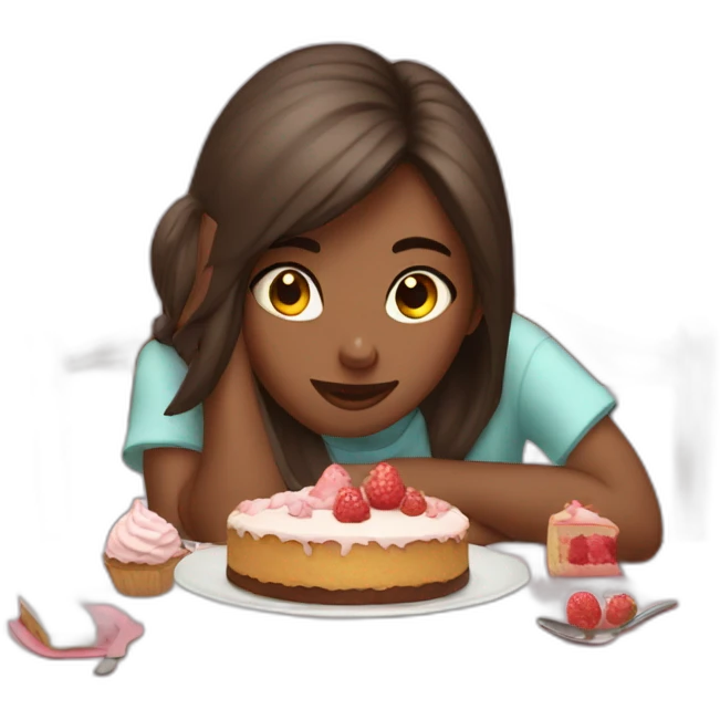 tired girl eating cake on the table emoji