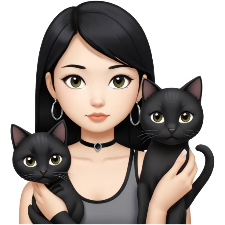 Asian girl with black hair, grey highlight, slightly longer than shoulder.  Holding two BLACK cats. The girl also wearing a black singlet, a black chocked, silver round hook earring, and wearing eyeliner.  emoji