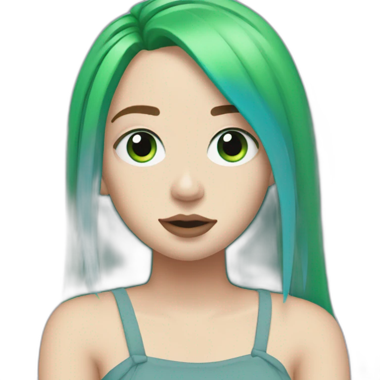 Billie eilish with green hairs and blue eyes emoji