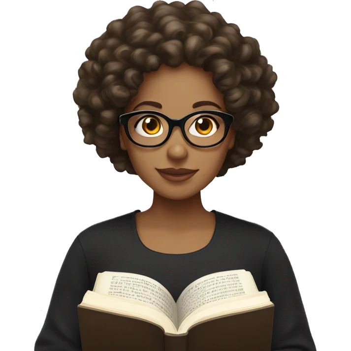 A women with brown medium curly hair, light skinned, full cheeks, black shirt and black glasses reading the Bible  emoji