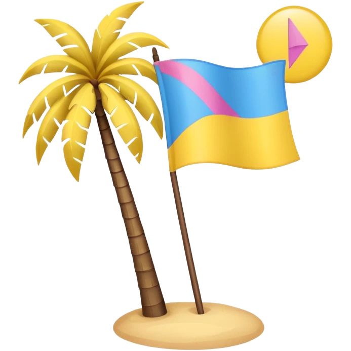 A pink flag in this flag there’s two small blue triangles on the sides In the middle of the circle on the flag a small pink palm tree coming out of the sides  yellow circle with two thick yellow stripes emoji