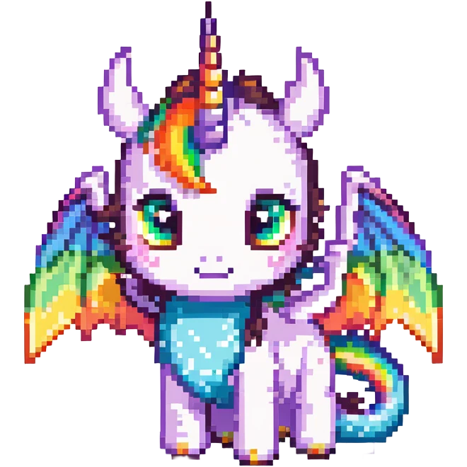 cute dragon with big eyes, rainbow wings, and unicorn horn, simple background emoji