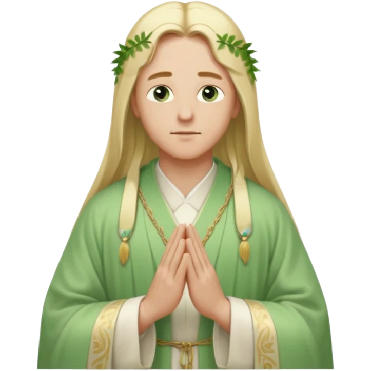 a young bishop, green eyes, long blonde hair, light green wide, flowing outer robe. hands clasped together, eys closed. Soft light, subtle fern. Waist-up, profile. emoji