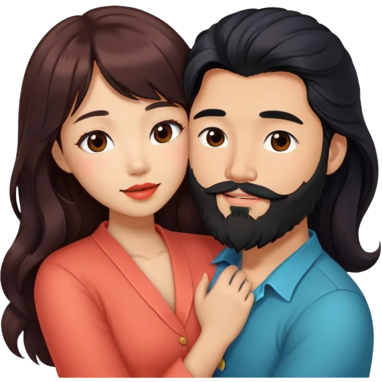handsome asian man with long black hair and beard, hugging cute tan skin woman with long wavy reddish brown hair with bangs and coral lipstick emoji