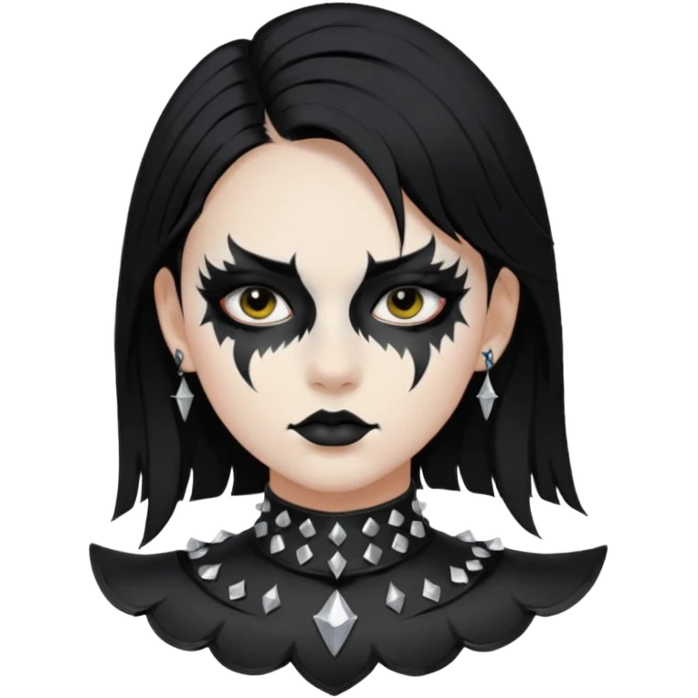 Crea una ragazza con stile black metal,  paint face black metal, capelli neri, mossi dalle spalle e occhi bianchi e un collare con borchie a punta emoji