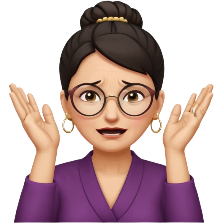  middle aged woman with dark hair pulled up in a high bun, wearing round ring earrings and glasses, expression extreme pain on her face, covering her ears with her hands very painful expression on her face, eyes squeezed shut, wincing in pain covering her ears with her hands emoji