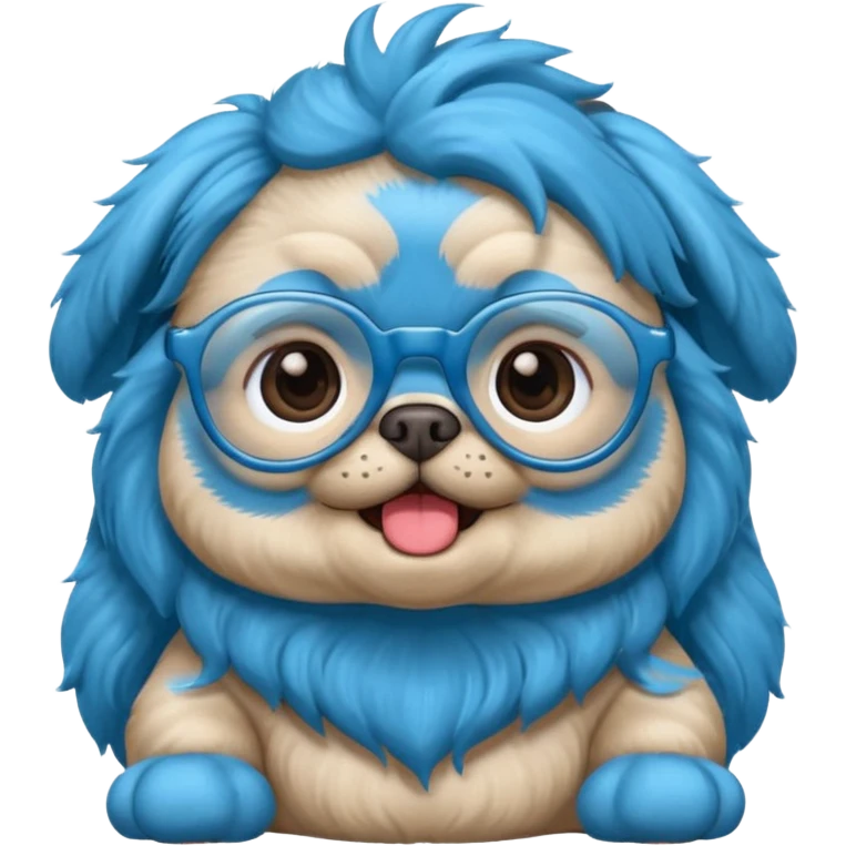 long blue haired baby pug wearing glassess very happy emoji