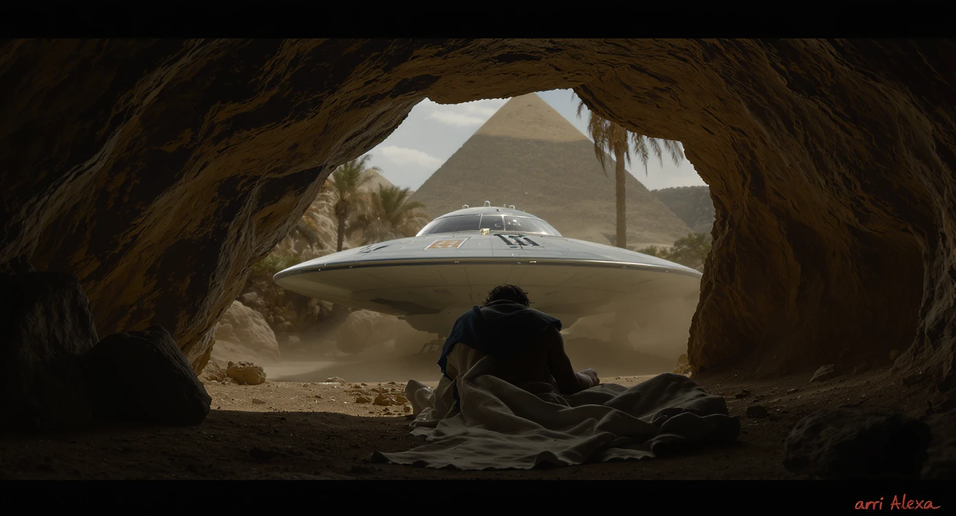 cinematic still, documentary photography, acient egypt, back shot of a man dress in ancient clothes in cave (frame in frame effect) on ground laying front of small ufo starship, palms, dynamic scane, leading lines, captured by arri alexa, depth layers, piramids in babckground emoji