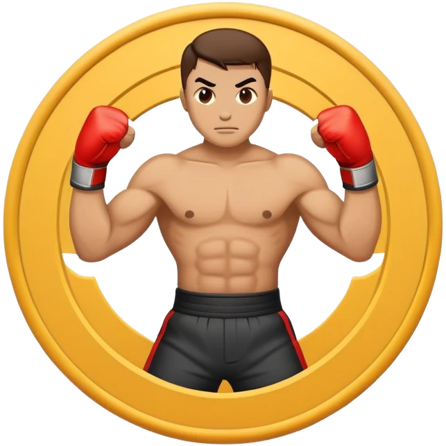 An emblem-style emoji symbolizing striking martial arts. The design features a stylized fighter in a dynamic stance, delivering a powerful punch, surrounded by a circular border with traditional elements like fists and combat symbols. Bold, clean lines with contrasting colors. emoji